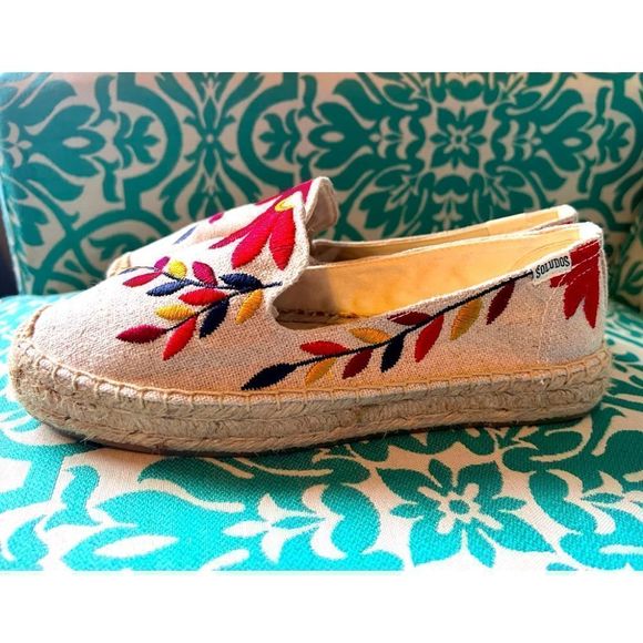 NWOT Soludos Red Yellow Orange Embroidered Leaf & Sunflower Espadrilles Size 7 - Picture 1 of 8